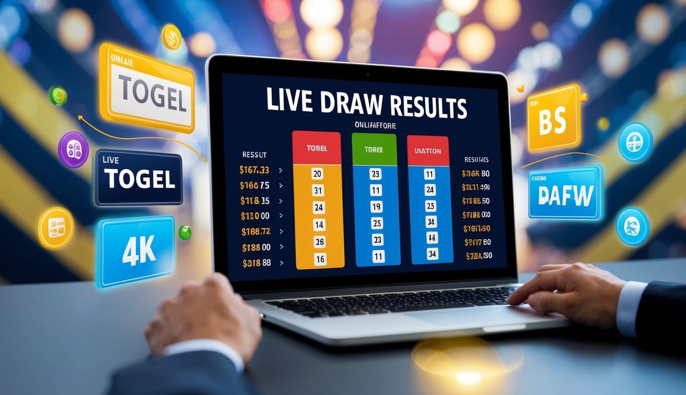 Sebuah layar digital yang menampilkan hasil undian langsung untuk platform Togel online, dikelilingi oleh grafik dan simbol berwarna-warni