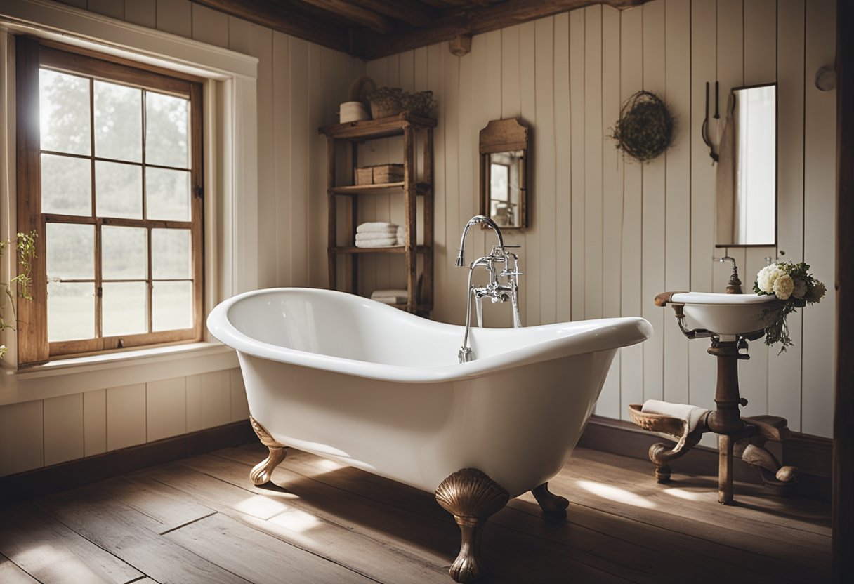 A clawfoot tub sits in a farmhouse bathroom with distressed wood accents, vintage fixtures, and a neutral color palette