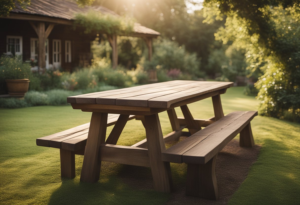 A rustic farmhouse table and bench set, surrounded by lush greenery and a warm, inviting atmosphere