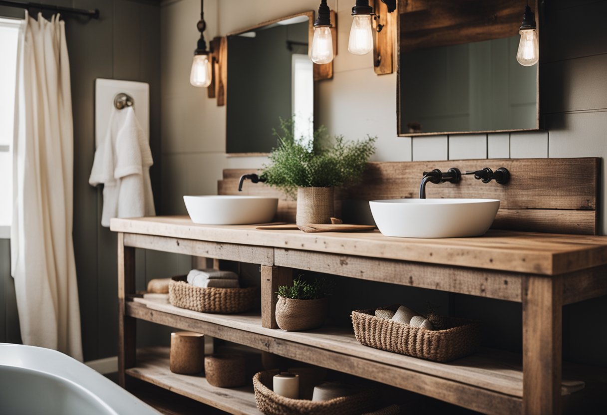 A rustic farmhouse bathroom with reclaimed wood accents, vintage fixtures, and cozy decor