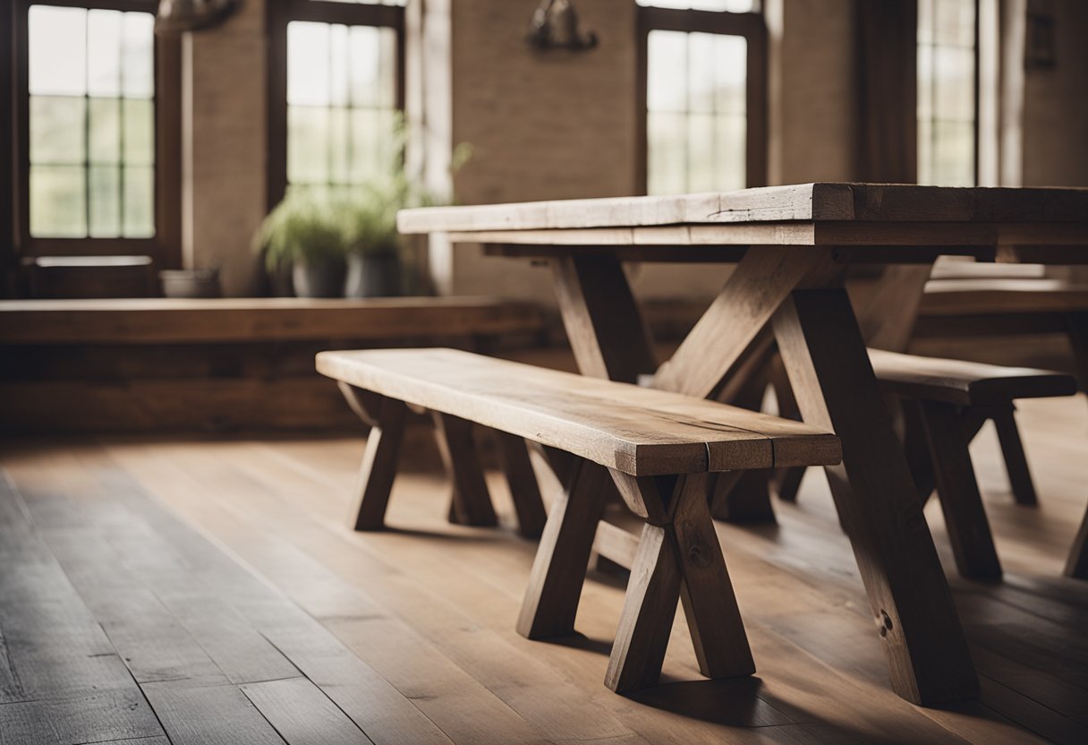 A rustic farmhouse table and bench with distressed wood, crossbeam legs, and a simple, timeless design