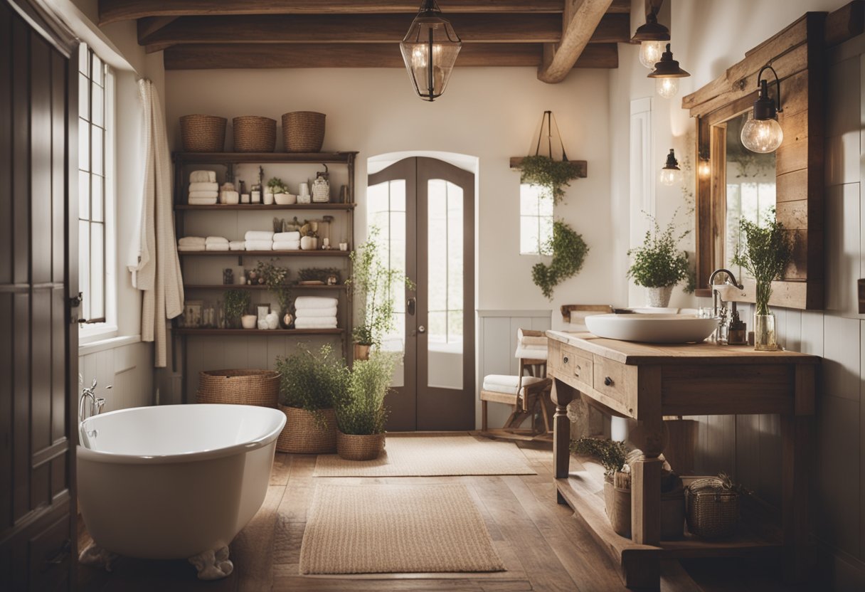 A rustic farmhouse bathroom with vintage-inspired fixtures and charming decor