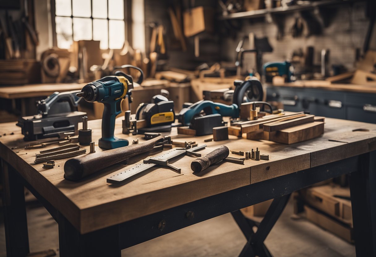 A cluttered workbench with saw, drill, and wood planks. A measuring tape, hammer, and nails scattered around. A rustic farmhouse table and bench in the background