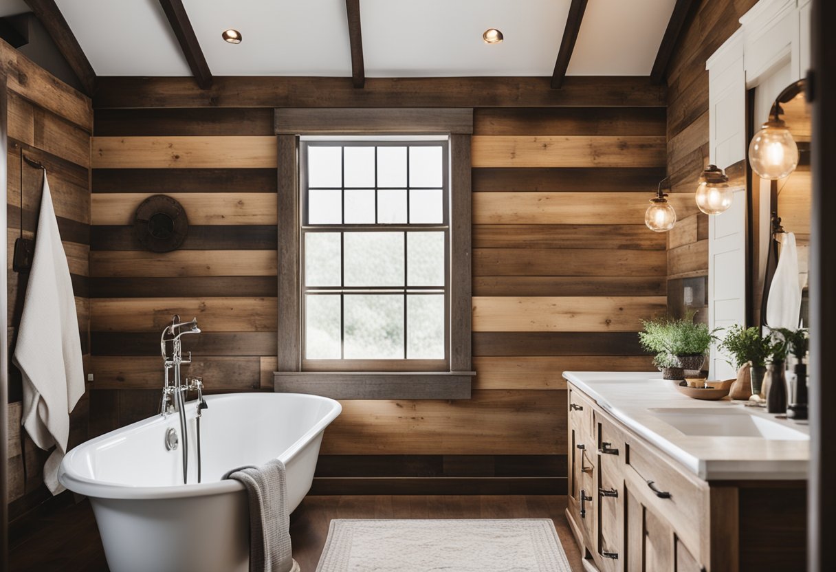 A rustic farmhouse bathroom with shiplap walls, vintage fixtures, and natural wood accents