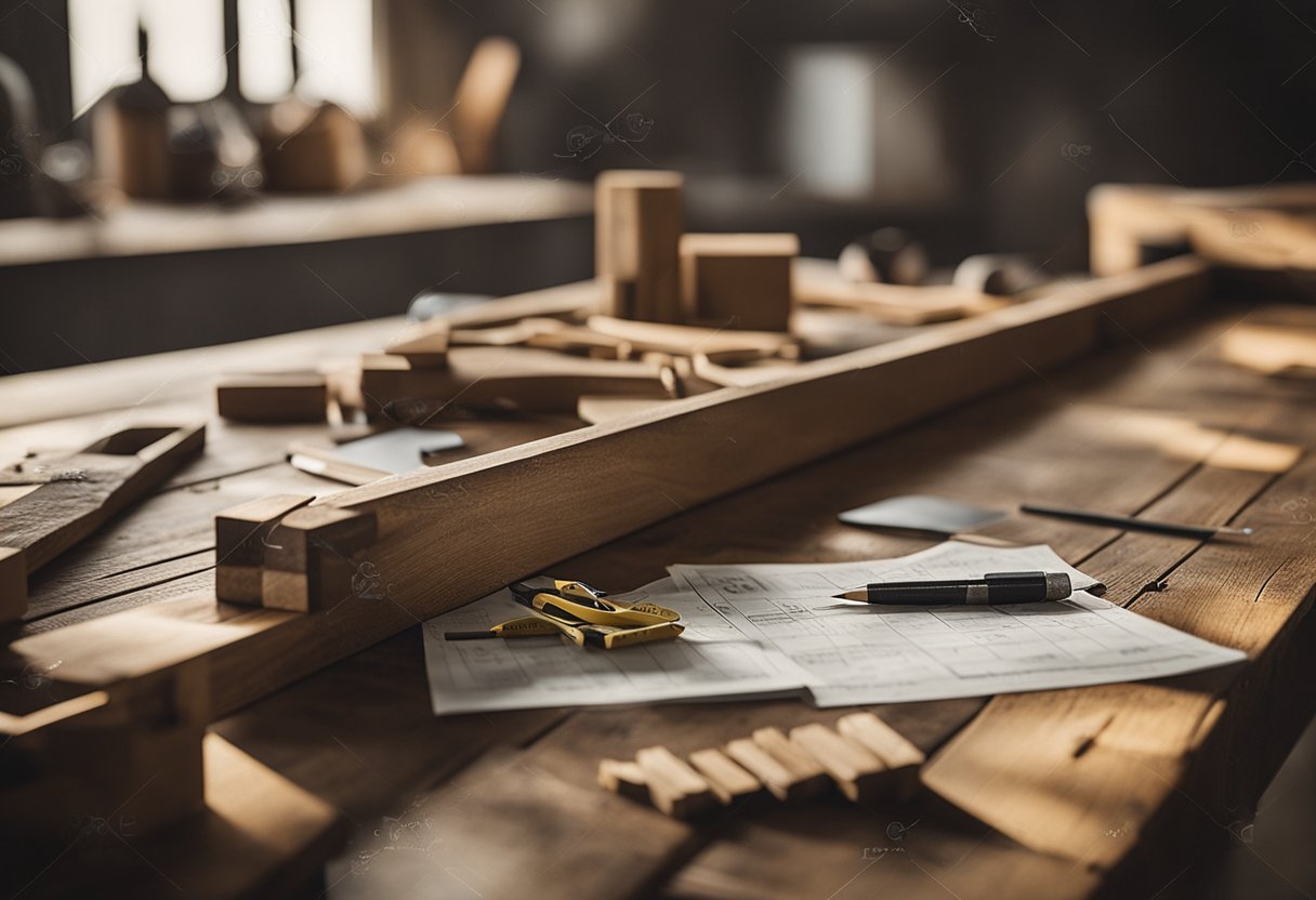 A rustic farmhouse table and bench being planned with measuring tape, pencil, and wood samples on a workbench