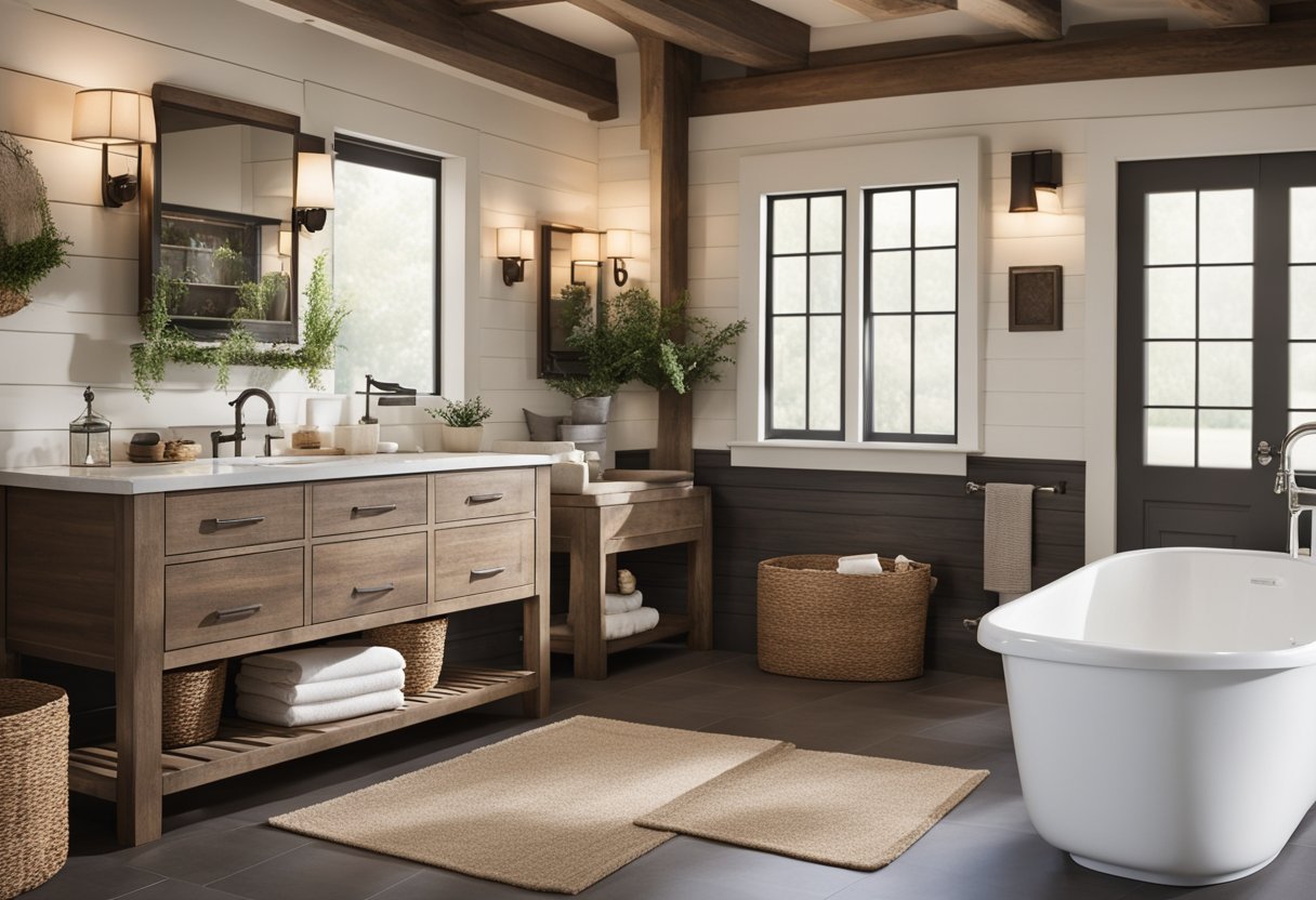 Seven farmhouse style bathrooms with warm metal finishes and rustic charm