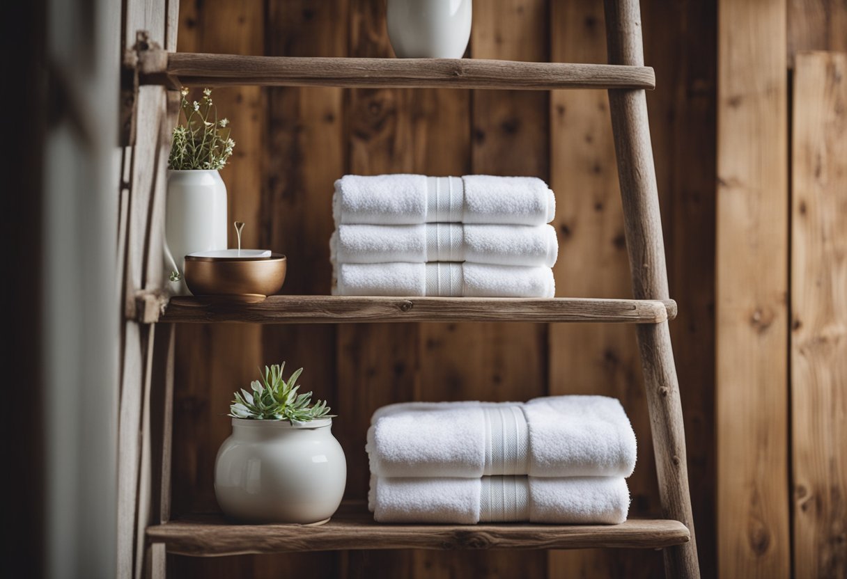 Wooden ladders hold towels in rustic farmhouse bathrooms