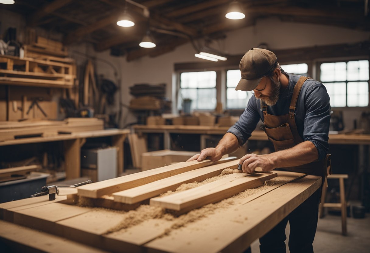 A carpenter measures, cuts, and assembles wooden planks to create a farmhouse table and bench in a workshop filled with tools and sawdust