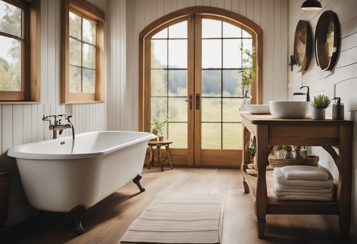 A cozy farmhouse bathroom with a freestanding sink, wooden accents, and vintage decor