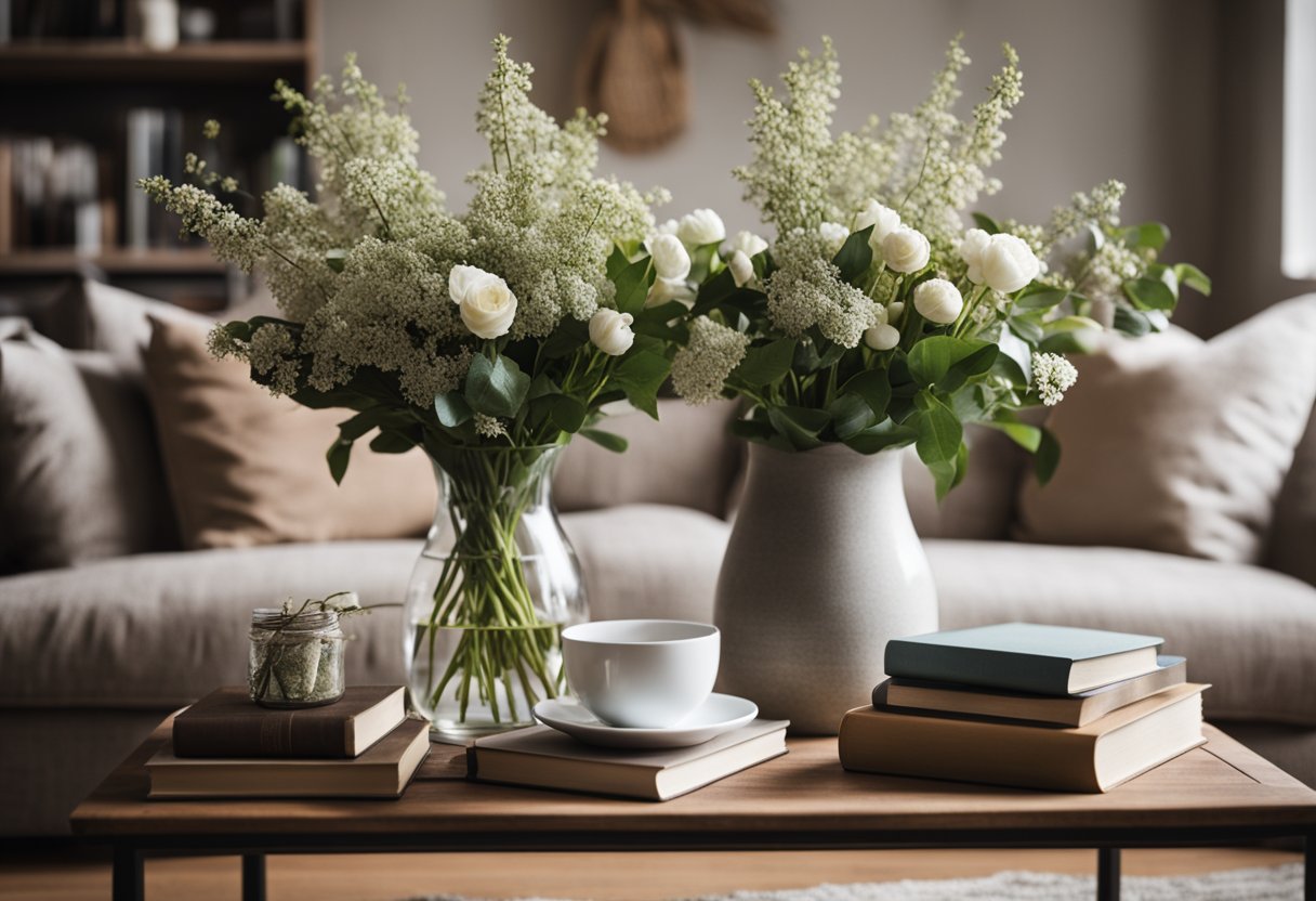 A rustic farmhouse-style coffee table sits in a cozy living room, adorned with a vase of fresh flowers and a stack of books