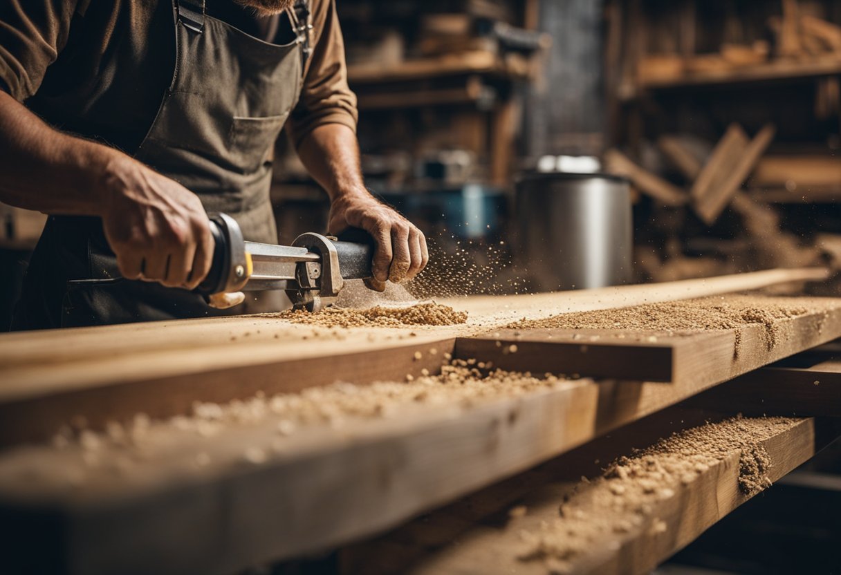 A person is using a saw to cut wooden planks for table legs in a rustic workshop. Sawdust and tools are scattered around the workbench