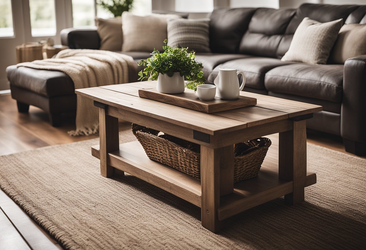 A farmhouse coffee table with distressed wood, a rustic finish, and simple, clean lines sits in a cozy living room with a warm, inviting atmosphere