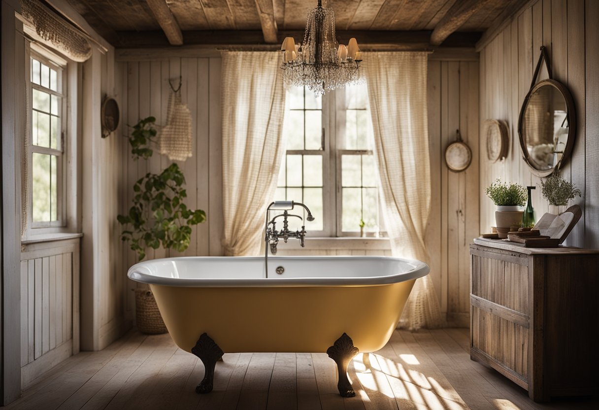 A clawfoot bathtub sits in a rustic farmhouse bathroom, adorned with vintage decor and charming, weathered accents. Sunlight streams through a lace curtain, casting a warm glow on the distressed wood and antique fixtures