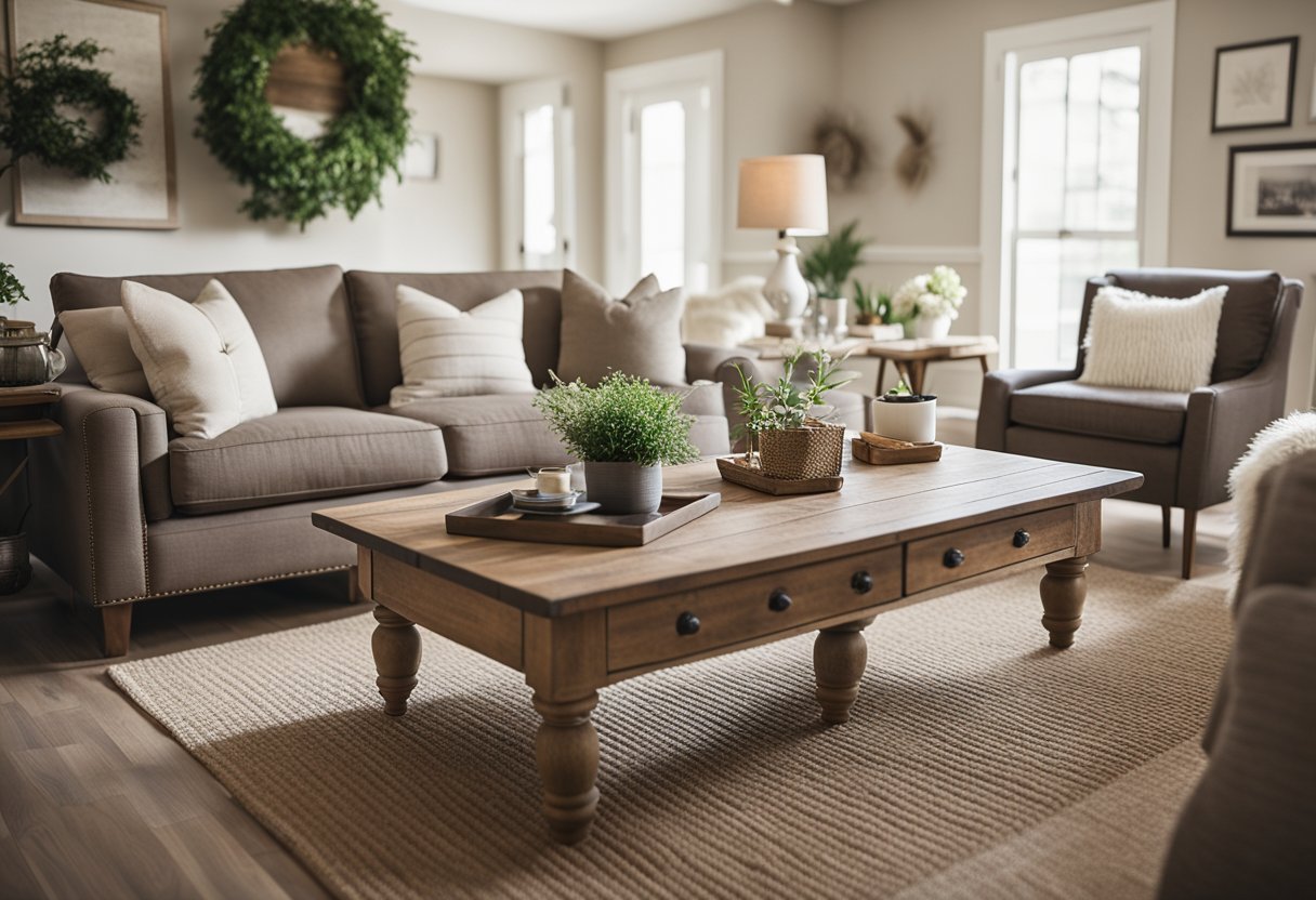 A cozy living room with a large, rectangular farmhouse-style coffee table as the focal point, surrounded by comfortable seating and warm, inviting decor