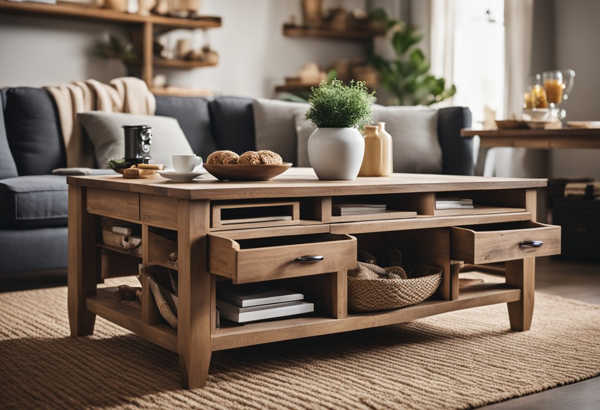 A farmhouse style coffee table with built-in storage compartments and rustic design, surrounded by cozy armchairs and a warm rug