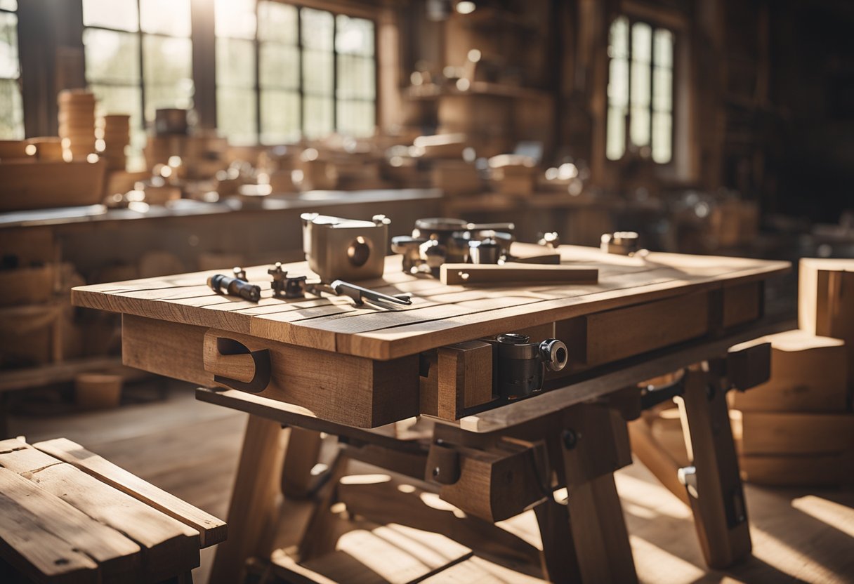 A rustic farmhouse-style coffee table being assembled with tools and wood in a sunlit workshop