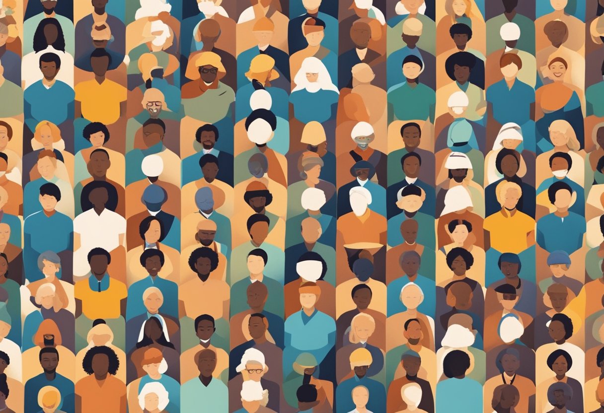 A diverse group of people from different cultures and backgrounds coming together in harmony, surrounded by symbols of unity and peace