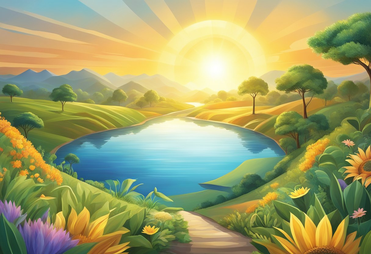 A radiant sun rises over a diverse landscape, symbolizing the global shift towards unity and oneness