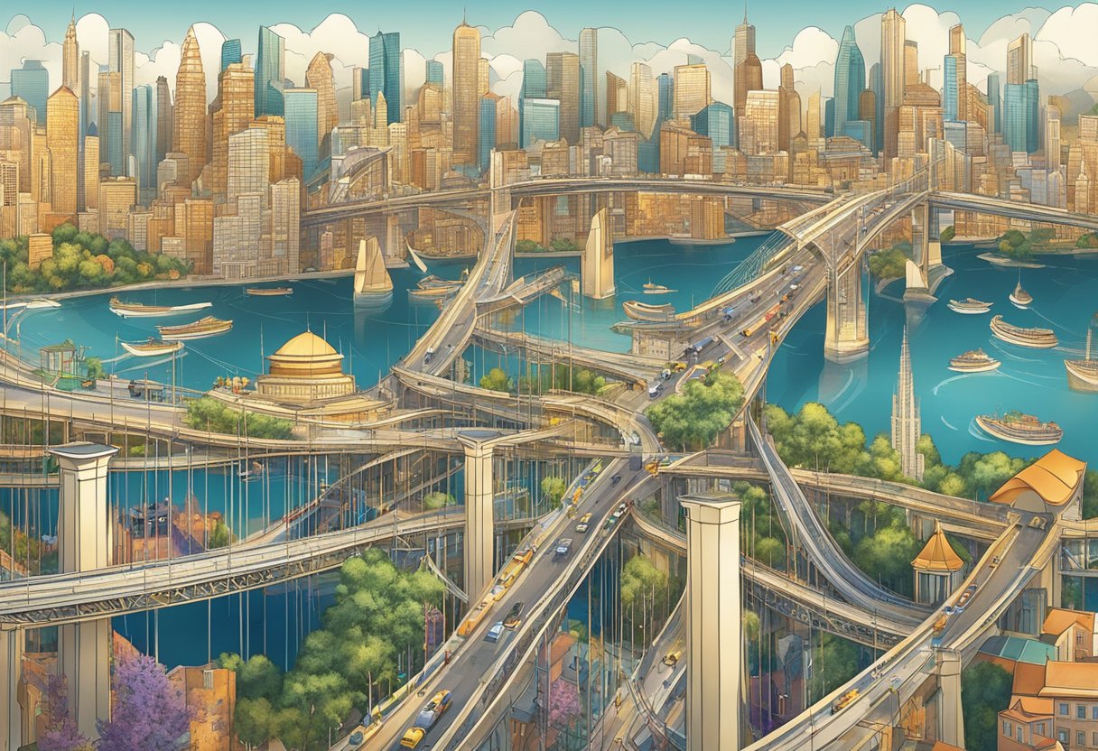 A bustling city skyline with diverse architecture, connected by a network of bridges and walkways, symbolizing the unity of humanity in the Golden Age of Oneness