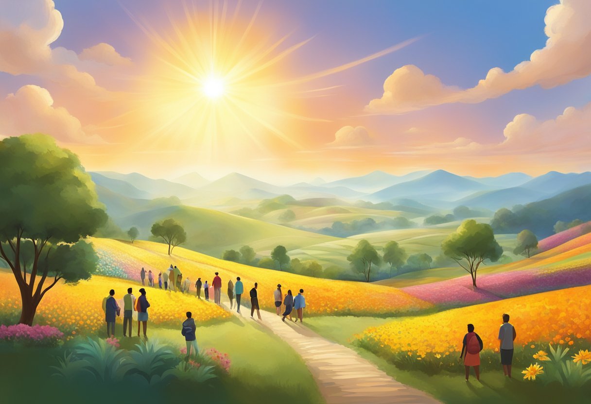 A radiant sun shining over a diverse landscape, with people of different cultures coming together in harmony