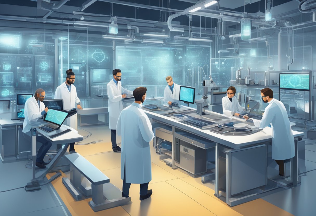 A group of scientists in a high-tech laboratory, surrounded by advanced equipment, manipulating energy fields with visualization techniques
