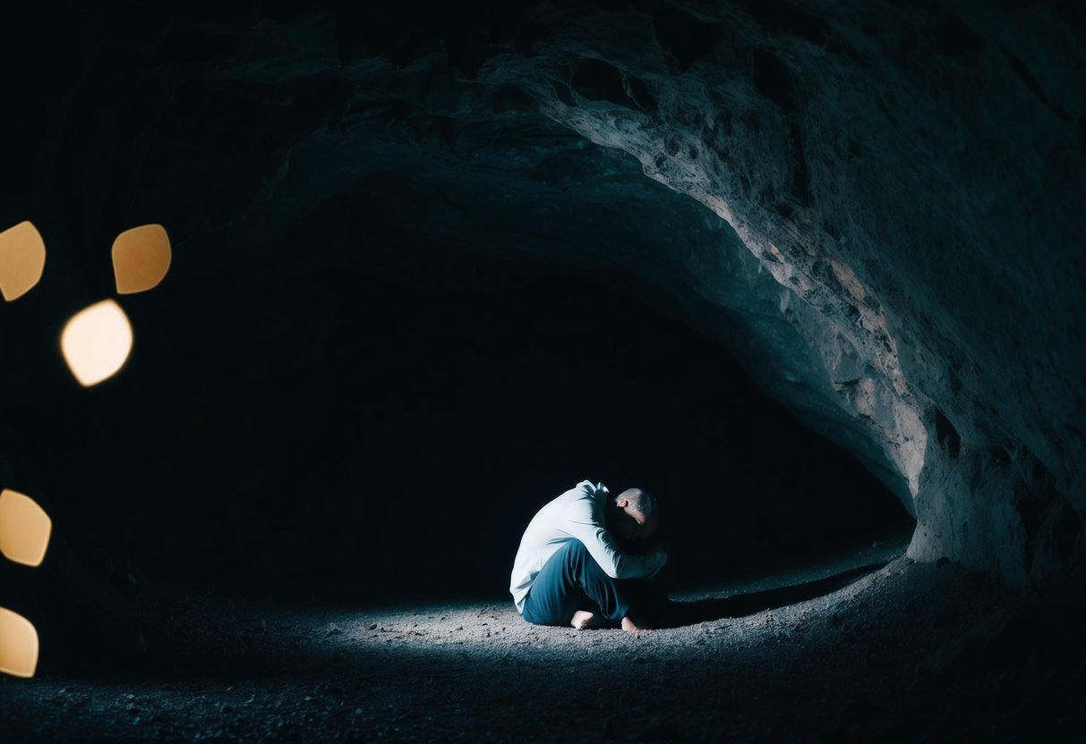 A dimly lit cave with a solitary figure curled up in a ball, surrounded by shadows and a sense of isolation and the feeling of wanting to hibernate in winter