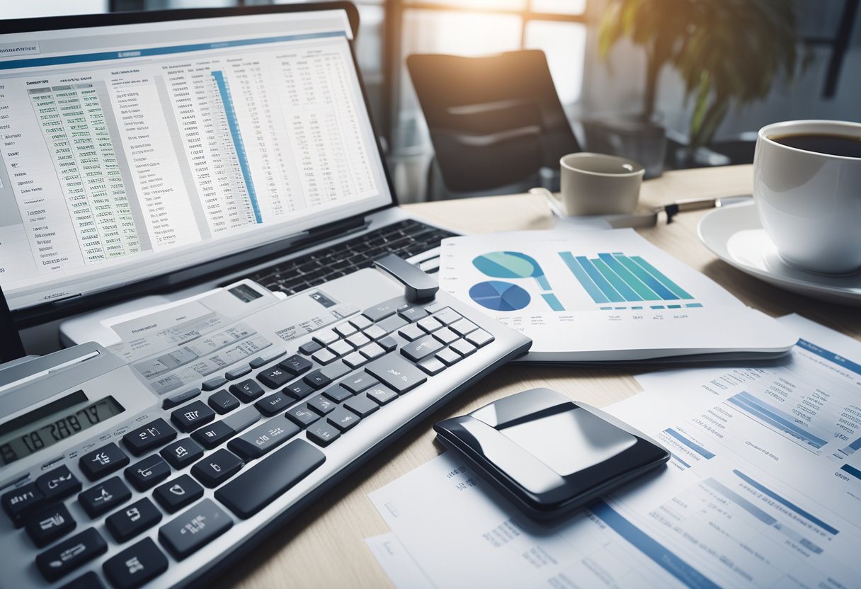 A desk with open financial reports, a calculator, and a laptop with landlord bookkeeping templates displayed on the screen