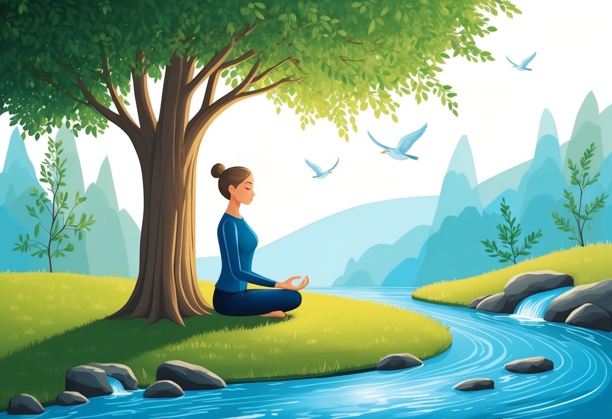 A serene nature scene with a person meditating under a tree, surrounded by calming elements like flowing water and gentle breeze