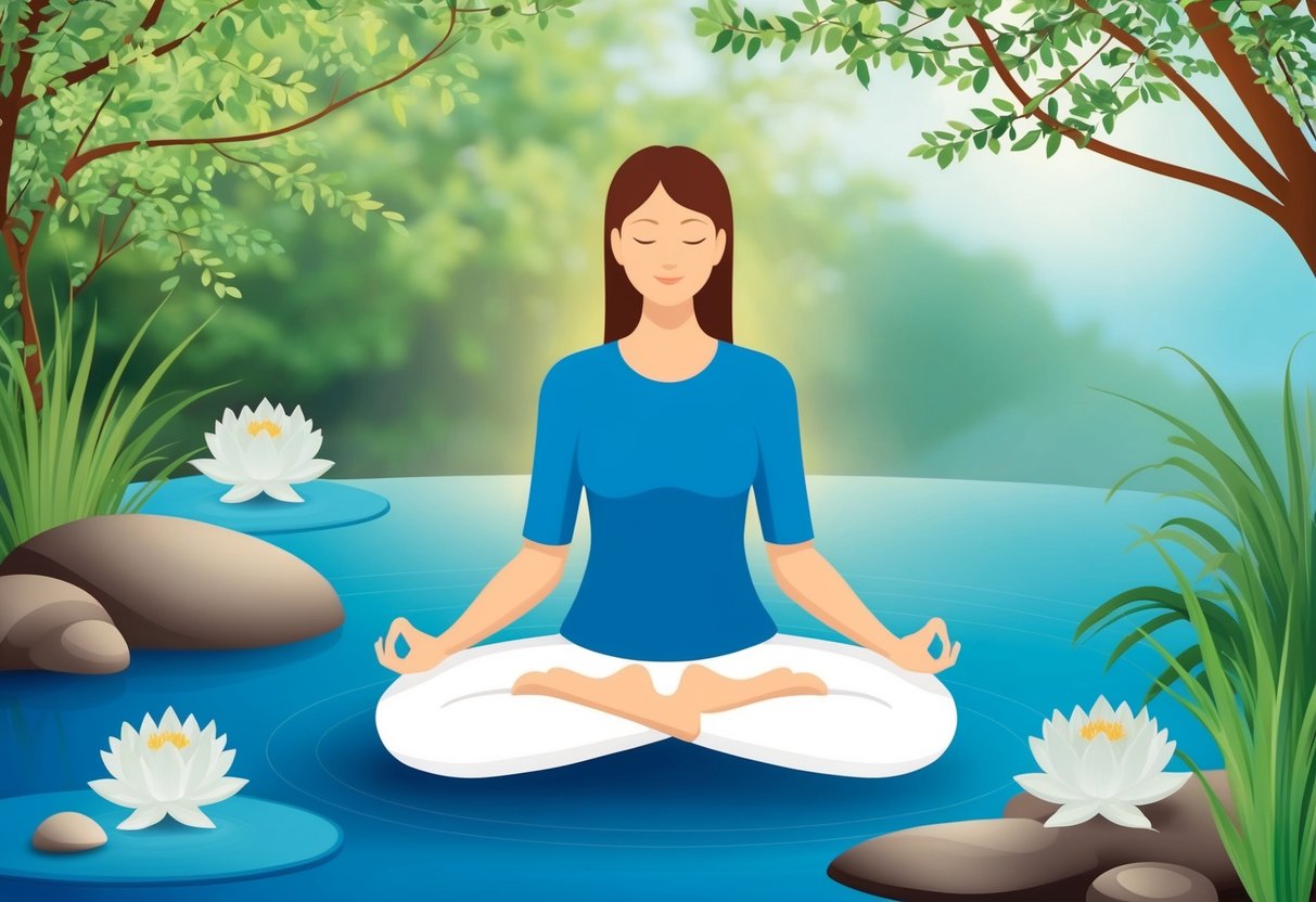 A serene setting with a person meditating in nature, surrounded by calming elements like water, greenery, and soft natural light