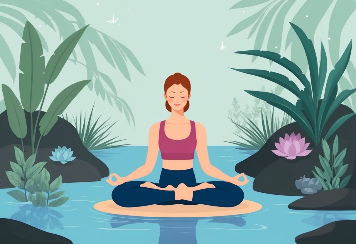 A serene nature scene with a person practicing yoga or meditation surrounded by calming elements like water, plants, and soft lighting