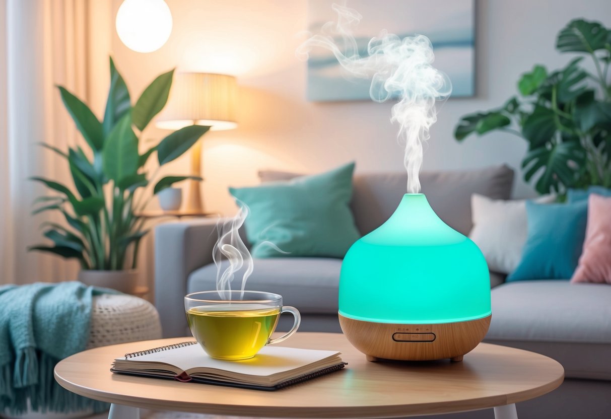 A peaceful scene of a cozy living room with soft lighting, plants, and calming decor. A cup of herbal tea sits on a table next to a journal and a soothing essential oil diffuser