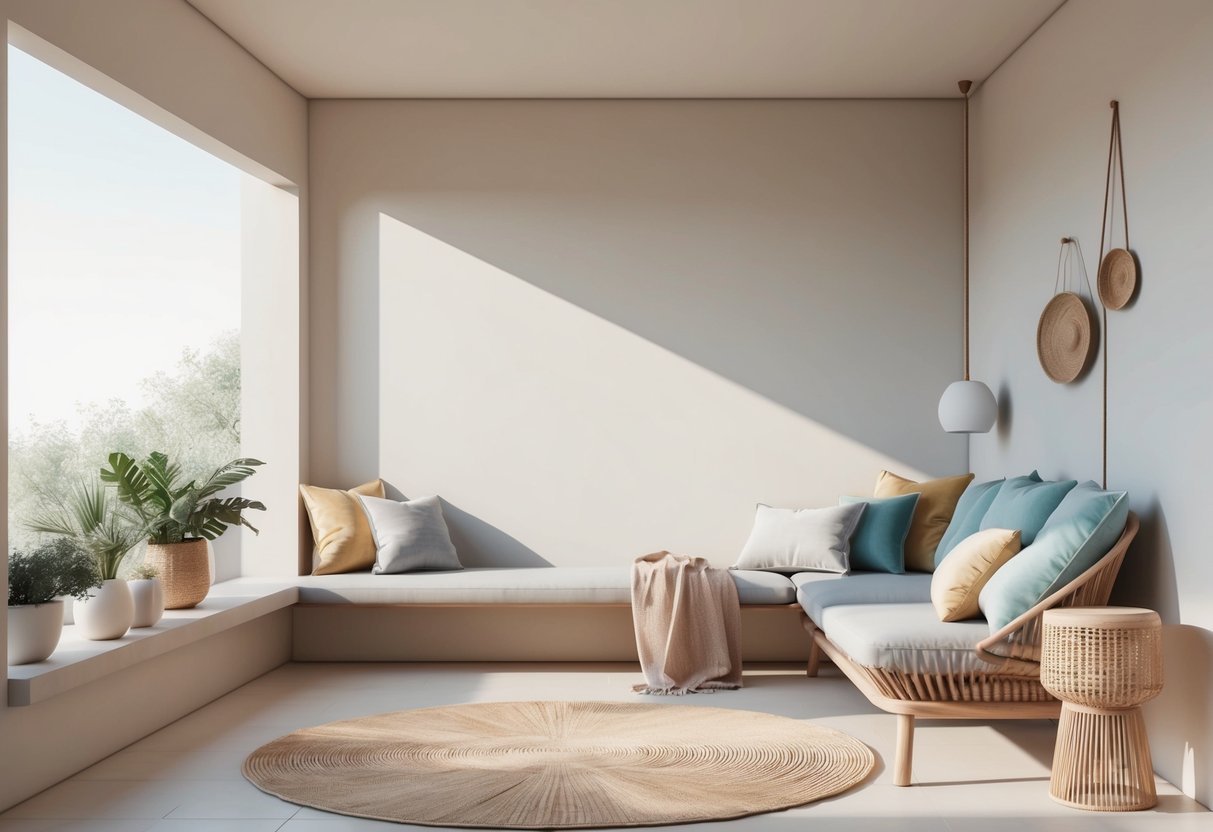 A serene setting with a calm, open space and soft natural lighting. A cozy corner with comfortable seating and soothing decor