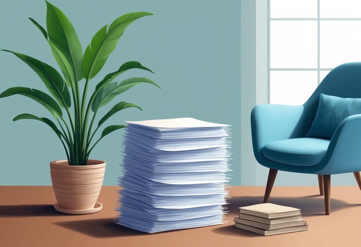 A serene setting with a stack of FAQ papers, a calming plant, and a cozy chair for relaxation