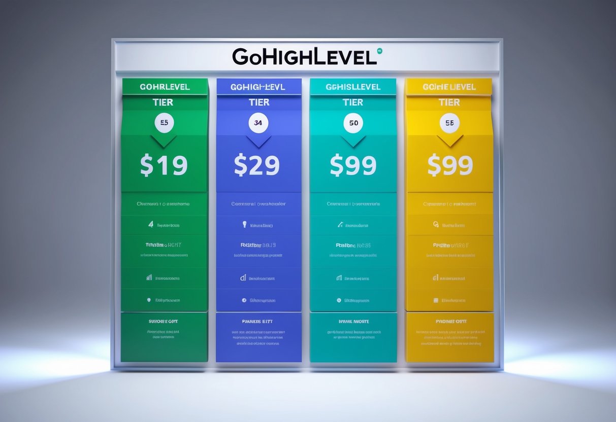 A colorful chart displaying the pricing tiers of GoHighLevel, with clear labels and visual indicators to represent different features and benefits