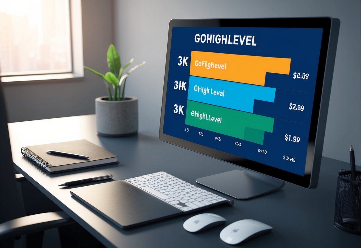 A modern office desk with a computer, notebook, and pen. A chart showing different pricing tiers for GoHighLevel displayed on the computer screen