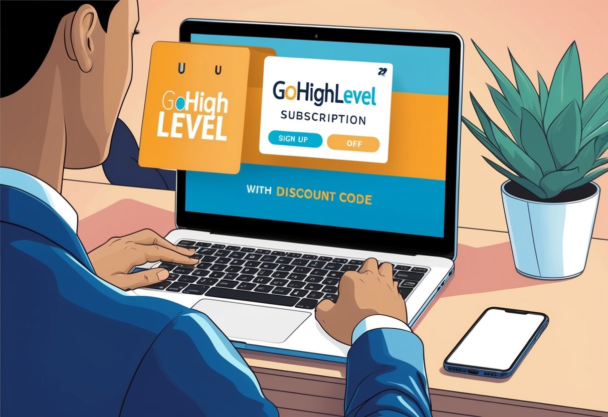 A person using a laptop to sign up for GoHighLevel subscription with a discount code