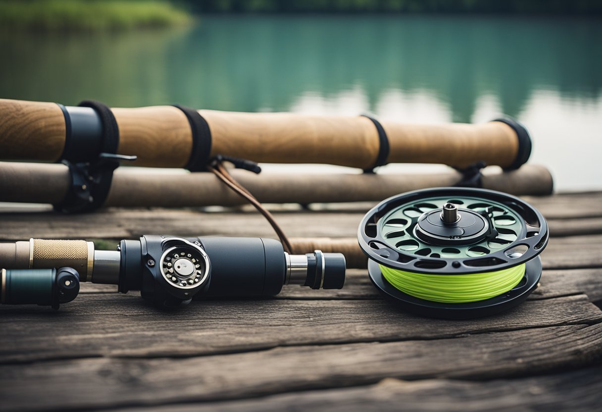 A fly fishing rod with case and reel combo set laid out on a rustic wooden dock by a calm river