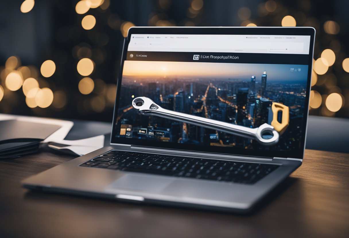 A laptop with a blank screen and a wrench hovering above it