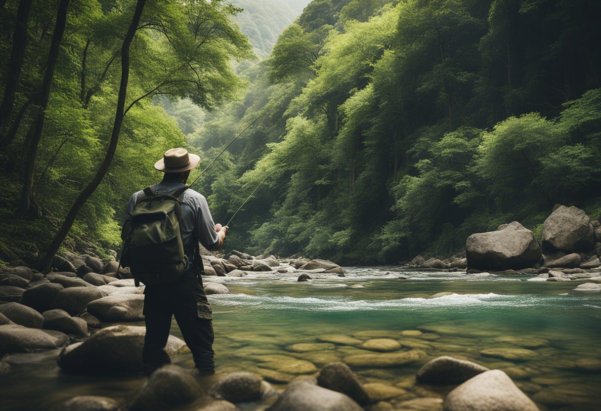 A serene creek with clear water, surrounded by lush greenery and rocky banks, with a fisherman casting a line into the water