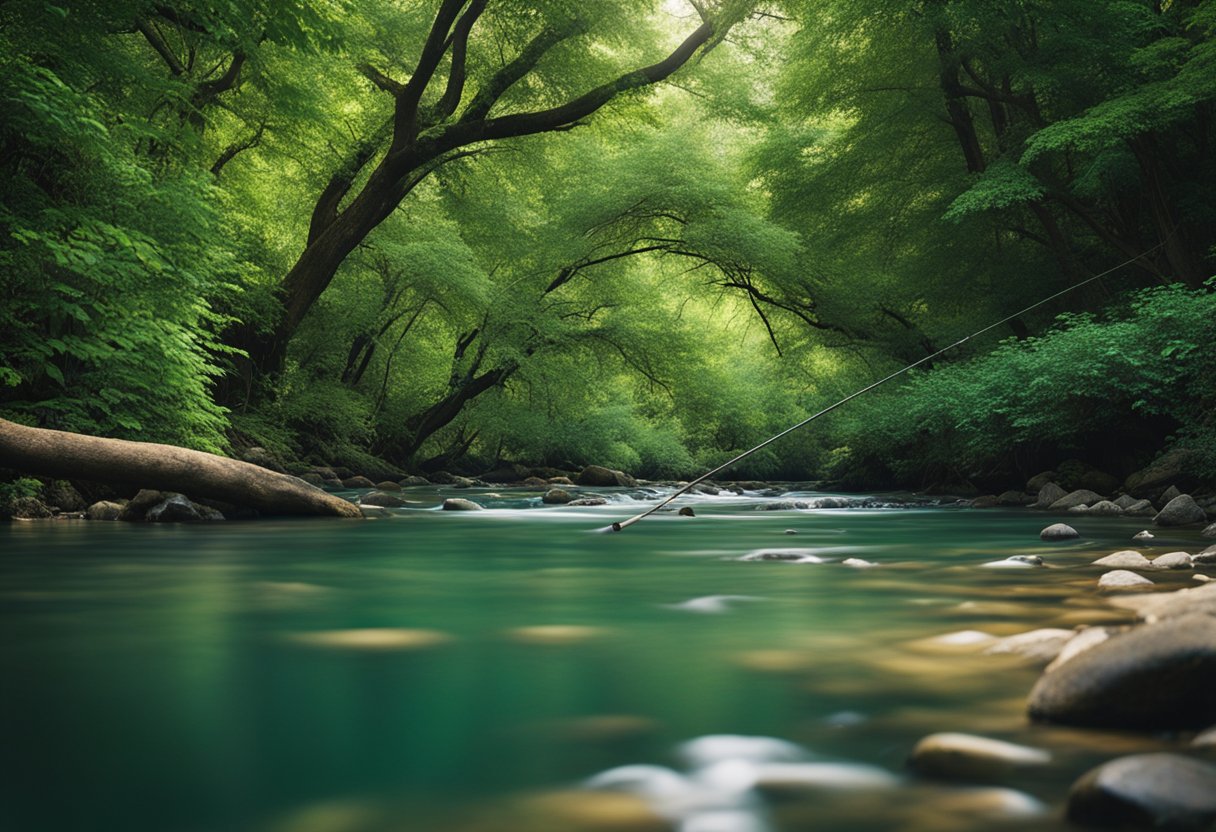 A serene creek with a gentle current, surrounded by lush greenery and overhanging trees. A lone fishing rod is set up on the bank, waiting for a bite