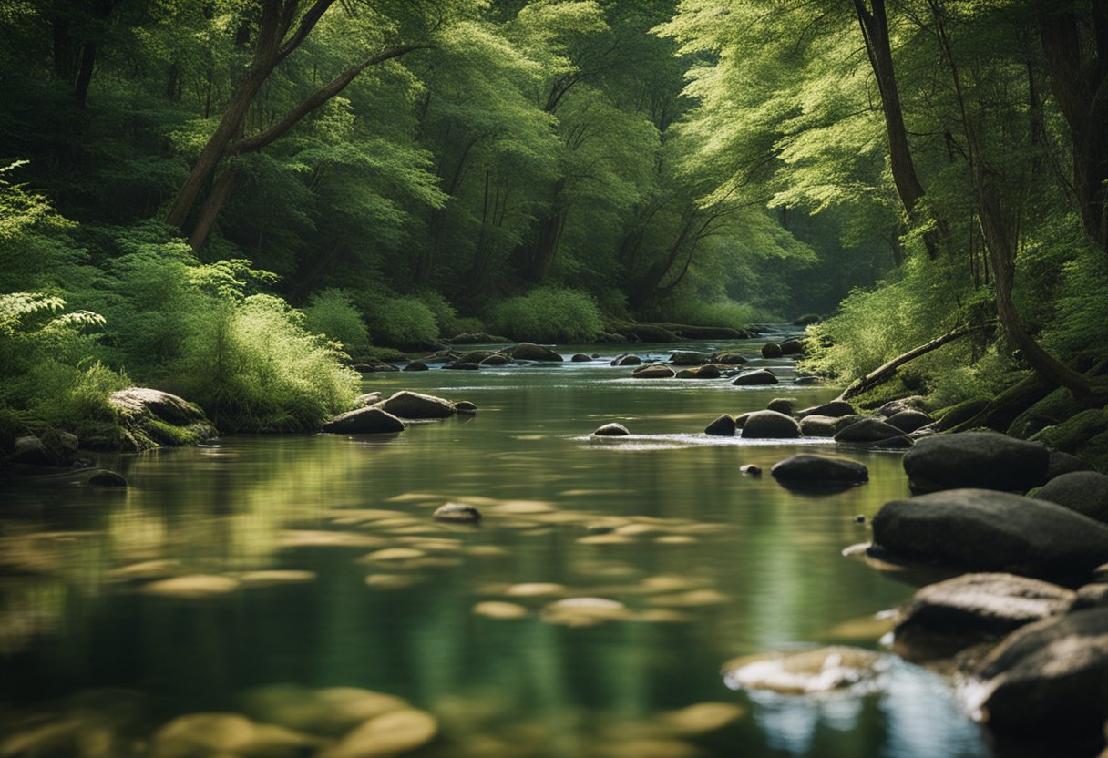 A serene creek winding through lush forest, with anglers casting lines into the clear water. Native wildlife can be seen along the banks, and signs of conservation efforts are evident