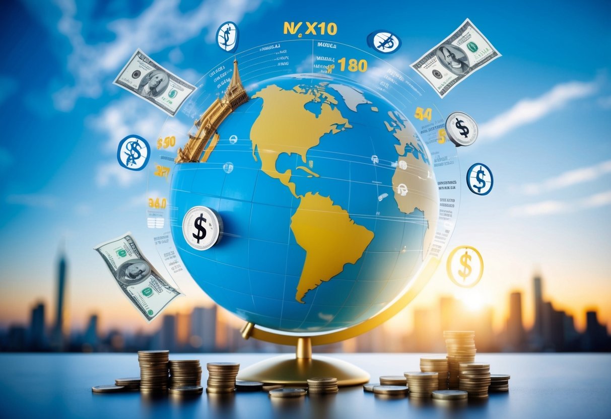 A globe surrounded by currency symbols, stock charts, and world landmarks, representing global investment opportunities