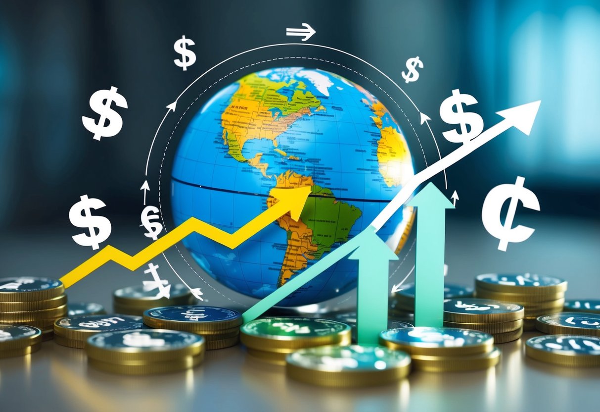 A globe surrounded by currency symbols, arrows pointing in different directions, and a graph showing upward growth