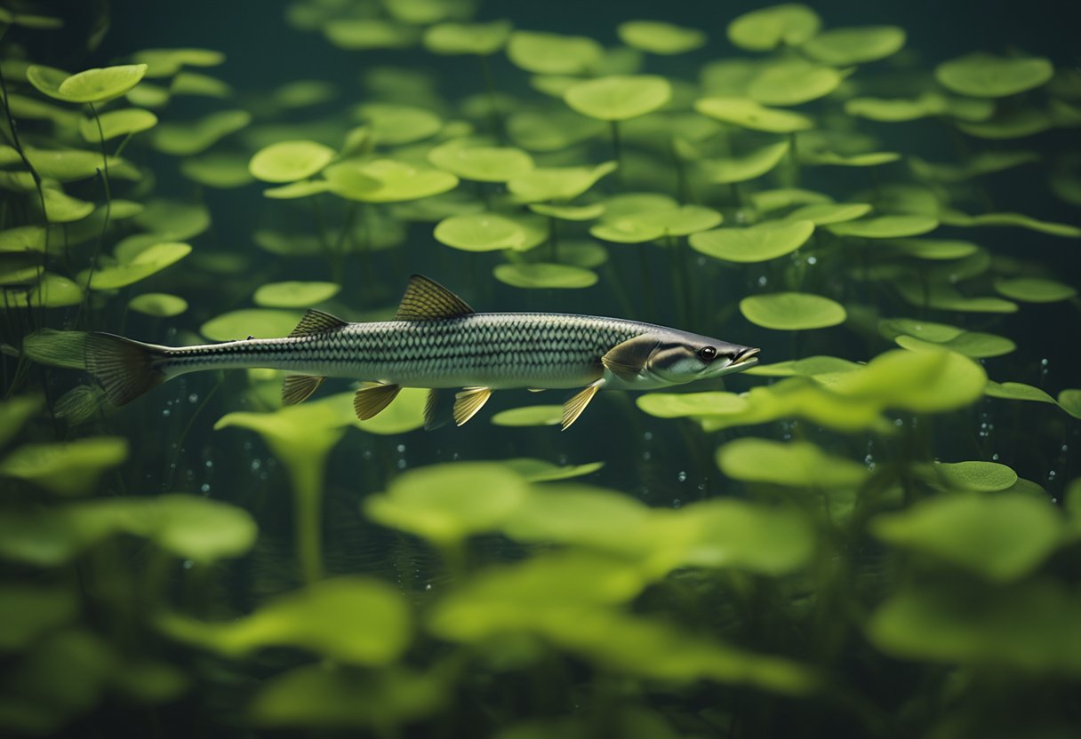 A musky swimming in a murky river, surrounded by tangled aquatic plants and darting minnows