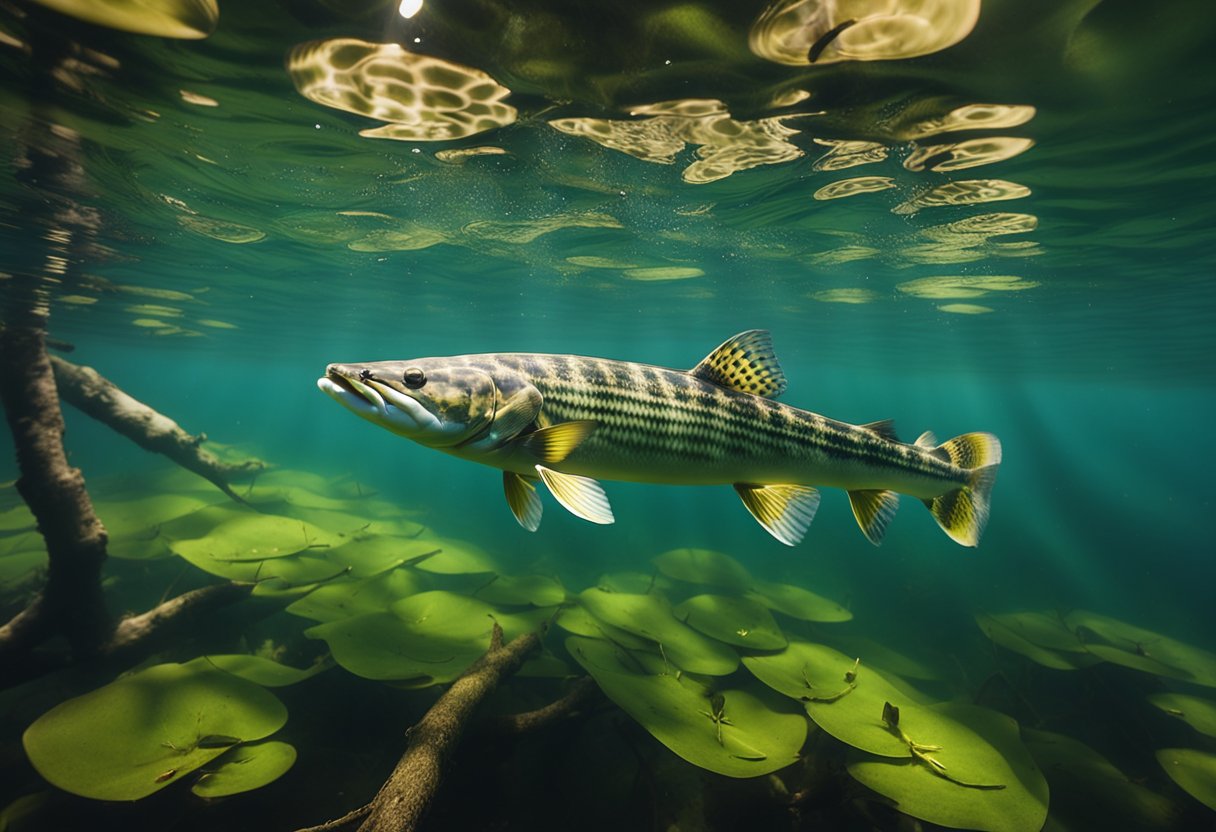 A musky swimming in a clear, weedy lake, surrounded by fallen logs and submerged vegetation. Sunlight filters through the water, casting dappled shadows on the fish's sleek, mottled body