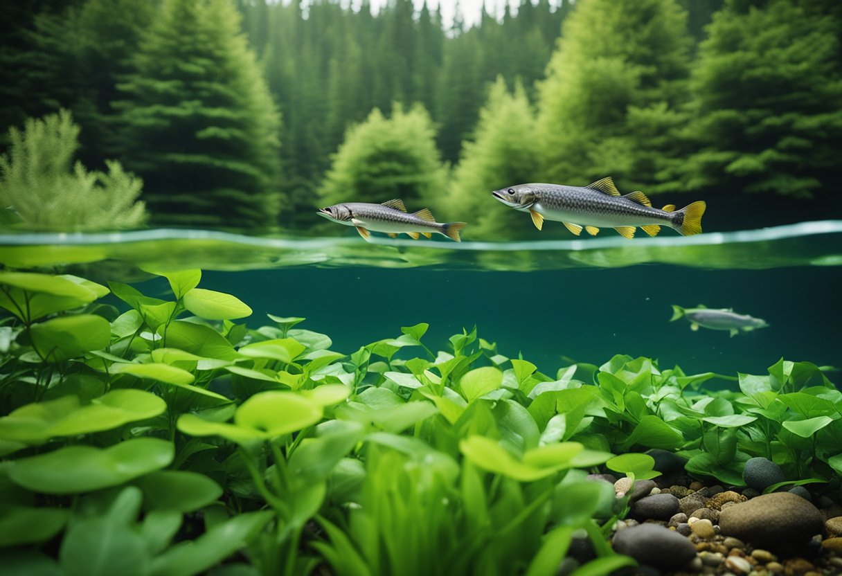 A serene lake with a large musky fish swimming among aquatic plants and rocks, surrounded by a lush forest