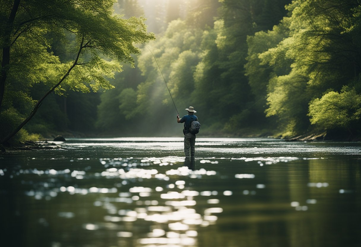 A serene river flows through a lush forest, as a lone figure casts a fly fishing line into the glistening water