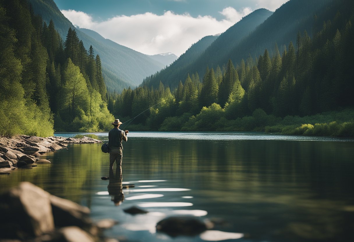 A serene river with a lone angler casting a line into the water, surrounded by lush forest and mountains in the distance