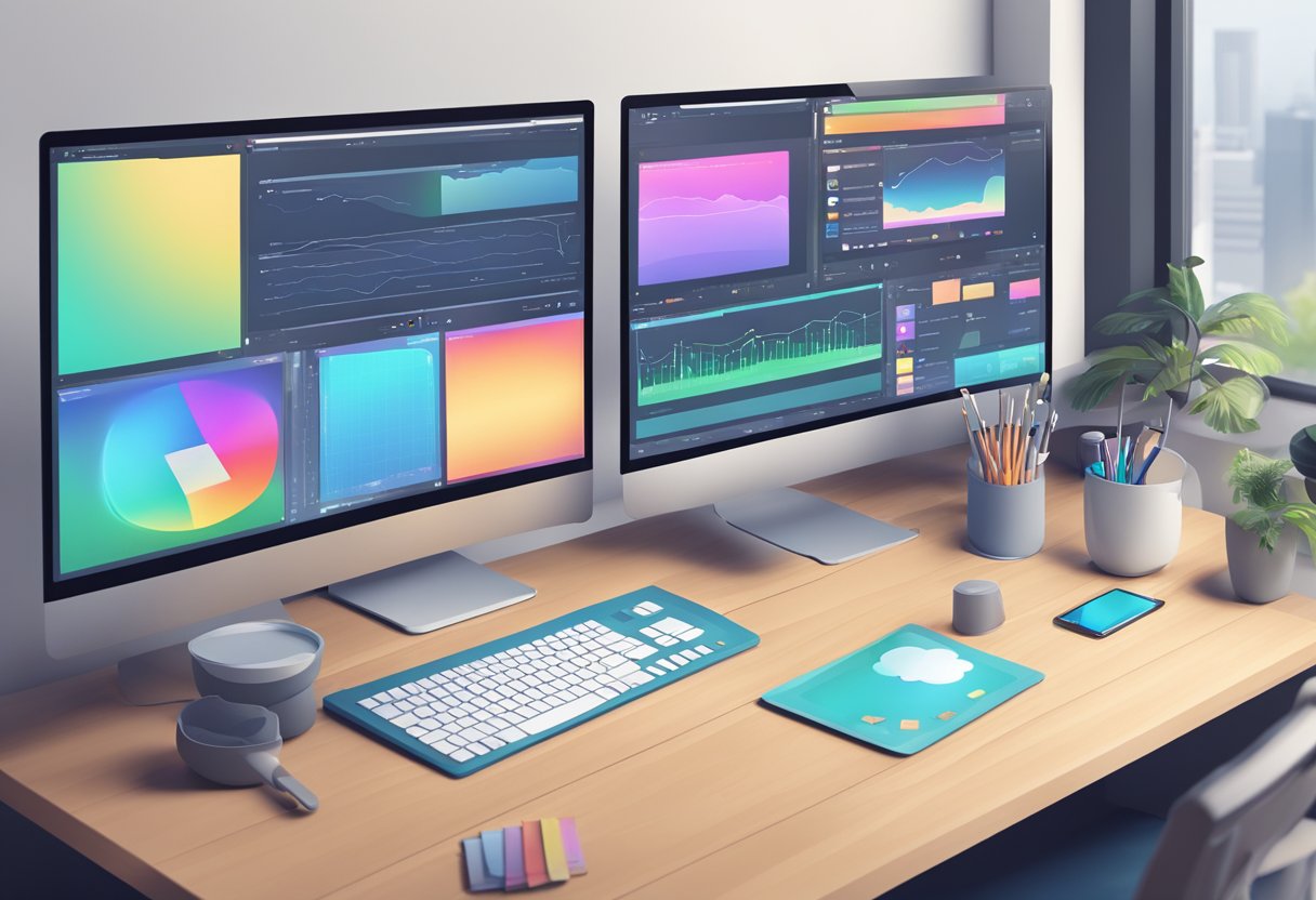 A computer screen displaying various graphic design tools and software with AI capabilities