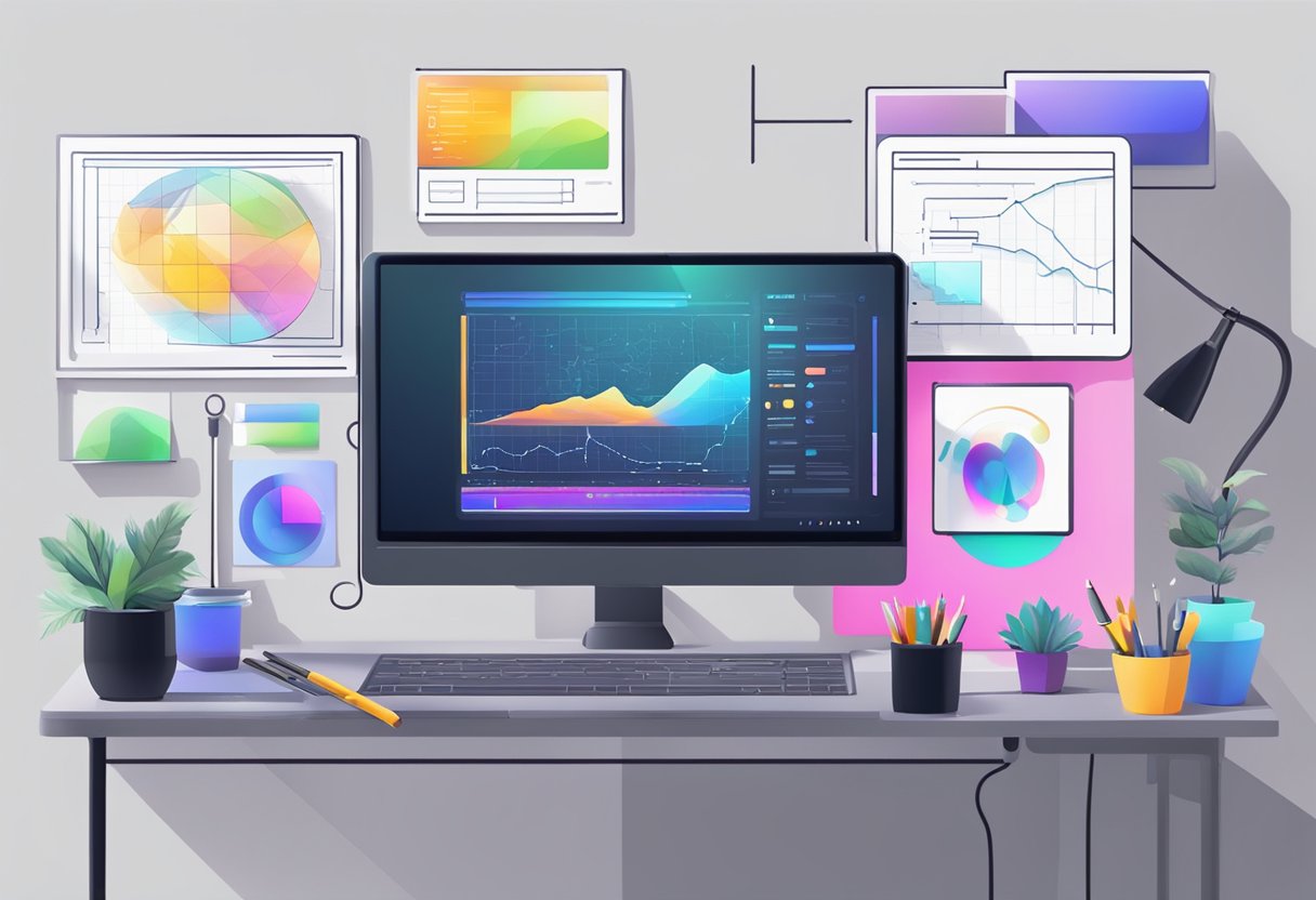 A computer screen showing various AI design and art tools with vibrant graphics and sleek interfaces